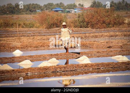 KAMPOT, CAMBOGIA - 24 gennaio 2020: La gente Khmer che raccoglie il sale manualmente nei campi di sale famosi di Kampot, Cambogia Foto Stock