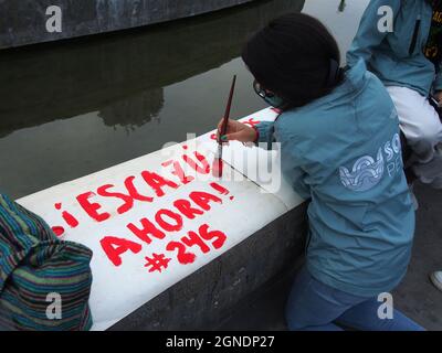 Lima, Perù. 24 settembre 2021. Una ragazza che dipinge un banner che recita 'Escazu Now' quando decine di attivisti svolgono una dimostrazione di fronte al Palazzo giudiziario peruviano, come parte dello sciopero climatico globale chiamato dal venerdì per il futuro, per chiedere immediato, Azione concreta e ambiziosa in risposta all'attuale crisi climatica credito: Fotoholica Press Agency/Alamy Live News Foto Stock