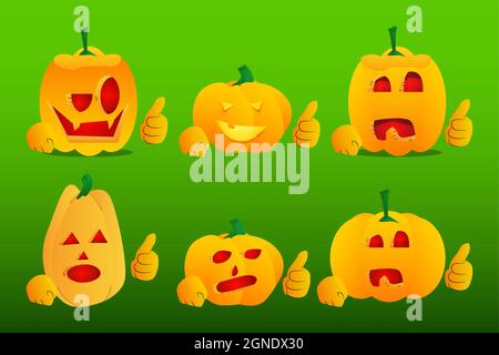 Zucche decorative per halloween che fanno i thumbs in su segno come carattere del cartone animato con il volto. Illustrazione vettoriale. Illustrazione Vettoriale