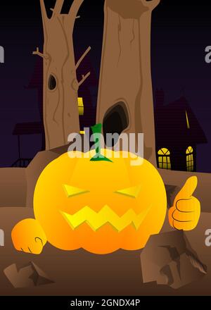 Zucche decorative per halloween che fanno i thumbs in su segno come carattere del cartone animato con il volto. Illustrazione vettoriale. Illustrazione Vettoriale