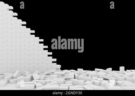 Rendering 3D distruzione di una parete di mattoni bianchi su sfondo nero Foto Stock