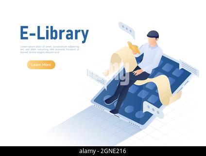 3d Isometric Web Banner uomo d'affari lettura libro su tablet digitale. Libreria online e concetto di e-book. Illustrazione Vettoriale