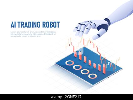 3d Isometric Web Banner ai intelligenza artificiale grafico e grafico del mercato azionario contoling manuale. Tecnologia di analisi dell'intelligenza artificiale e Mac Illustrazione Vettoriale