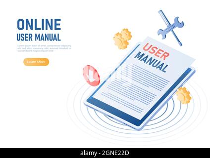 documento del manuale dell'utente del Digital Tablet con banner Web isometrico 3d. Informazioni sul manuale d'uso online o sul libretto di istruzioni. Illustrazione Vettoriale