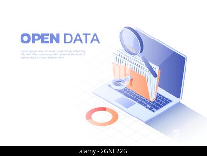 3d Isometric Web Banner Key Unlocked Folder with file and Magnifier on laptop Monitor. Concetto di analisi dei dati e dei dati aperti. Illustrazione Vettoriale