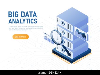 banner Web isometrico 3d con lente d'ingrandimento scansione del server di database su chip di computer. Concetto di analisi dei big data. Illustrazione Vettoriale