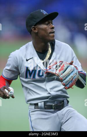 San Pietroburgo, Florida. USA; Miami Marlins secondo baseman Jazz Chisholm Jr. (2) durante i warmup pre-partita prima di una partita di baseball della Major League contro Foto Stock