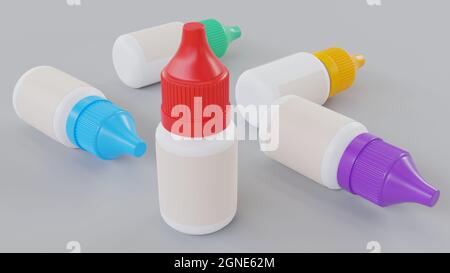 Svuotare i contenitori di plastica per medicinali con l'etichetta vuota. Illustrazione del rendering 3D. Foto Stock