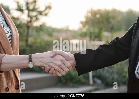Primo piano orizzontale medio di donne d'affari irriconoscibili che si salutano a vicenda con una stretta di mano nel parco urbano di sera Foto Stock