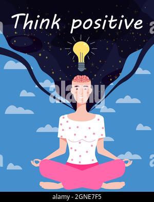 Ragazza con un cervello aperto apre idea, bulbo, cervello aperto, rilassare mente mentale calma, rilasciare stress. Yoga ragazza. Soluzione a un problema. Pensiero positivo Illustrazione Vettoriale