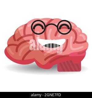 Cervello con occhiali sorridenti, carino carattere positivo . Vettore flat stile cartoon isolato Illustrazione Vettoriale