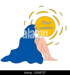 Pensa positiva Donna seduta pensando alla felicità. Aiuto psicologico in momenti difficili, depressione. Ragazza con capelli blu guardando il sole Illustrazione Vettoriale