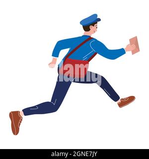 Postman che corre con borsa che consegna lettera in busta. Mailman in uniforme trasporto della posta, servizio di consegna. Illustrazione vettoriale Illustrazione Vettoriale