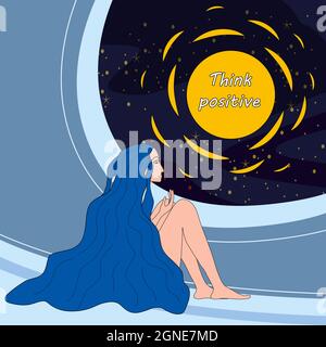 Pensi la donna positiva seduta in astronave che pensa alla felicità. Aiuto psicologico in momenti difficili, depressione. Ragazza con capelli blu in cerca Illustrazione Vettoriale