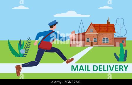 Postman che corre con la borsa che consegna lettera in busta per casa a indirizzo. Mailman in uniforme trasporto della posta, servizio di consegna. Illustrazione vettoriale Illustrazione Vettoriale