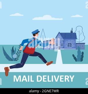 Postman che corre con la borsa che consegna lettera in busta per casa a indirizzo. Mailman in uniforme trasporto della posta, servizio di consegna. Illustrazione vettoriale Illustrazione Vettoriale