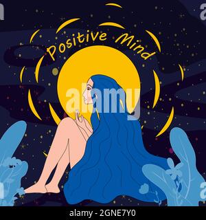 Pensa positiva Donna seduta pensando alla felicità. Aiuto psicologico in momenti difficili, depressione. Ragazza con capelli blu guardando il sole Illustrazione Vettoriale