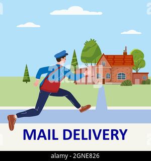 Postman che corre con la borsa che consegna lettera in busta per casa a indirizzo. Mailman in uniforme trasporto della posta, servizio di consegna. Illustrazione vettoriale Illustrazione Vettoriale