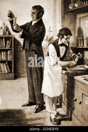 Immagine degli anni '30 dell'interno del laboratorio di Sir Humphry Davy (1778 – 1829) che mostra Davy e un giovane Michael Faraday (1791 – 1867) che lavora per lui. Faraday è stato uno scienziato che ha contribuito allo studio del magnetismo e dell'elettrochimica lavorando con l'induzione elettromagnetica, il diamagnetismo e l'elettrolisi. Davy ha inventato la lampada Davy una prima forma di lampada ad arco. Foto Stock