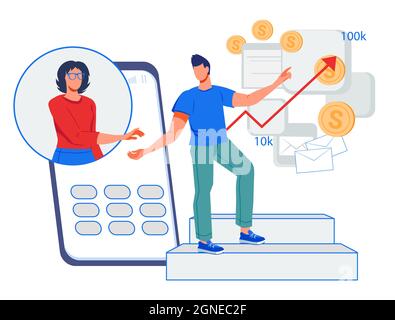 Consulente finanziario online servizio con uomo d'affari ottenere consulenza professionale online. Consulente finanziario per il calcolo del reddito e della crescita futuri, Illustrazione Vettoriale