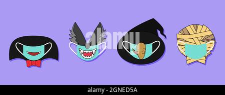 Divertimento mostri di Halloween con maschera facciale e decorazioni set festa Illustrazione Vettoriale