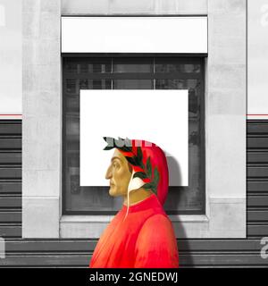 Illustrazione del profilo di Dante Alighieri su finestre e pareti con intemperie Foto Stock