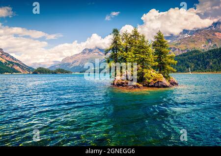 Piccola isola sul lago di Sils. Splendida scena mattutina delle Alpi svizzere, passo Maloja, alta Engadina nel cantone dei Grigioni, Svizzera, Europa. Bellezza Foto Stock