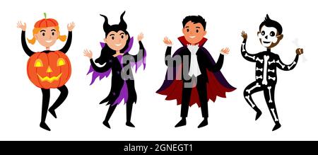 Bambini in costumi di Halloween set. Diversi personaggi carini halloween in costumi di carnevale di vampiro, skleton, maleficent e zucca. Illustrazione vettoriale Illustrazione Vettoriale