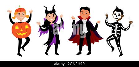 Bambini in costumi di Halloween set. Diversi personaggi carini halloween in costumi di carnevale di vampiro, skleton, maleficent e zucca. Illustrazione vettoriale Illustrazione Vettoriale