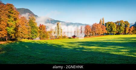 Magnifica scena autunnale di Kurpark nel villaggio di Thumersbach, situato sulla riva del lago Zell. Colorato panorama mattutino delle Alpi austriache, Europa. Foto Stock