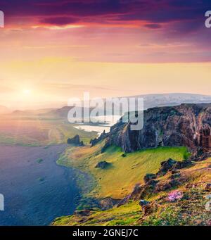 Colorata vista serale dalla penisola di Dyrholaey. Impressionante tramonto estivo in Islanda del Sud, località Vic Village, Europa. Bellezza del concetto di natura Foto Stock