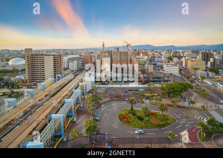 Città di Miyazaki skyline del centro città a Kyushu, Giappone al tramonto Foto Stock