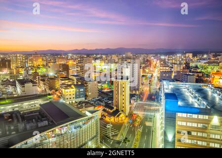 Città di Miyazaki skyline del centro città a Kyushu, Giappone al tramonto Foto Stock
