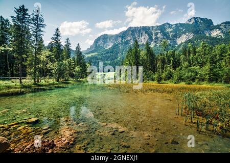 Luminoso scenario estivo del lago Hintersee. Pittoresca vista mattutina delle Alpi bavaresi al confine austriaco, Germania, Europa. Bellezza della natura concetto bac Foto Stock