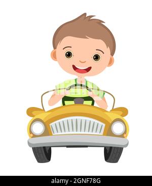 Il ragazzo guida un'auto. Auto gialla per bambini. Veicolo giocattolo. Con un motorino. Bella auto passeggero. Pedale o elettrico. Isolato su sfondo bianco Illustrazione Vettoriale