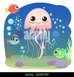 Meduse, piccolo paesaggio. Vita subacquea. Animali selvatici. Oceano, mare. Acqua estiva. Isolato su sfondo bianco. Illustrazione in stile cartoon Illustrazione Vettoriale