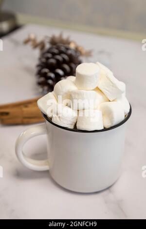 tazza con una bevanda calda e marshmallows decorare un tavolo, cibo e bevande durante le vacanze, natale con oggetti decorativi, stile di vita relax Foto Stock