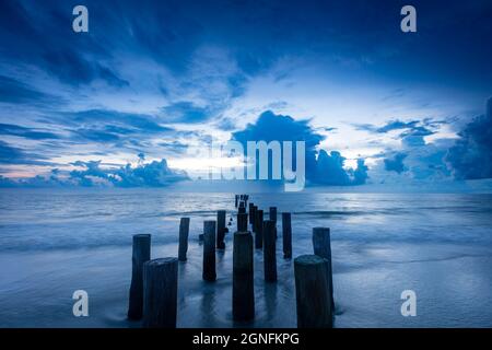 Scendi sopra i vecchi pilings del molo lungo il Golfo del Messico a Napoli, Florida, USA Foto Stock