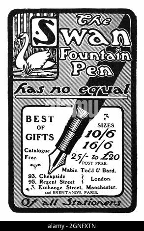 Una pubblicità del 1902 che promuove la “Swan Fountain Pen”, prodotta in Inghilterra da Mabie, Todd & Bard. Foto Stock