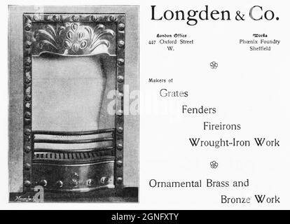 Un annuncio del 1902 in stile «Arti e Mestieri» che promuove “Longden & Co.”, “produttori di griglie, parafanghi, ferri da fuoco; lavori in ferro battuto; Lavori ornamentali in ottone e bronzo”. La sede della società si trovava a Oxford Street, West London, e la loro fabbrica, ‘Phoenix Foundry’, era situata a Sheffield. Foto Stock