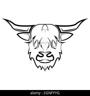 Linea bianca e nera dell'Highland Cow Head. Buon uso per simbolo, mascotte, icona, avatar, tatuaggio, T-Shirt design, logo o qualsiasi disegno. Illustrazione Vettoriale