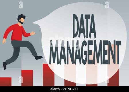 Firma che visualizza la gestione dei dati. Parola scritta sulla pratica di organizzare e mantenere i processi di dati Debugging codici di programmazione, esecuzione e. Foto Stock