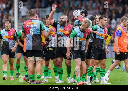 LONDRA, REGNO UNITO. 25 settembre 2021. Joe Marler di Harlequins urla le istruzioni per i compagni di squadra durante la gara di rugby della Gallagher Premiership Round 2 Match tra Harlequins vs Worcester Warriors allo Stoop Stadium di sabato 25 settembre 2021. LONDRA INGHILTERRA. Credit: Taka G Wu/Alamy Live News Foto Stock