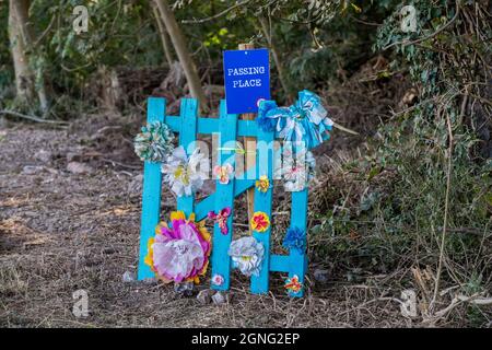 Il cancello dipinto di blu chiaro decorato con fiori di stoffa indica un passaggio per le automobili lungo una pista polverosa asciutta. Foto Stock