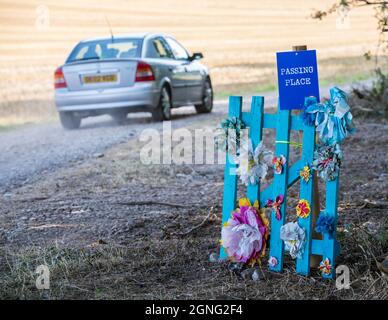 Il cancello dipinto di blu chiaro decorato con fiori di stoffa indica un passaggio per le automobili lungo una pista polverosa asciutta. Foto Stock