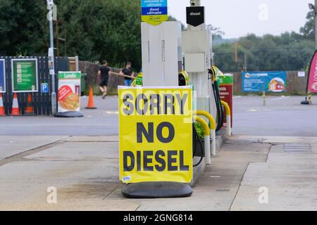 Spanish Green, Hampshire, Regno Unito. 25 settembre 2021. Il piazzale del distributore di benzina BP a Spanish Green in Hampshire sulla A33 tra Basingstoke e Reading ha grandi segnali che dicono che non ci sono benzina/diesel dopo che la benzina e il diesel sono esauriti a causa di panico acquisto e carente conducente di camion. Picture Credit: Graham Hunt/Alamy Live News Foto Stock