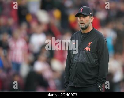 Il direttore di Liverpool Jurgen Klopp durante la partita della Premier League al Brentford Community Stadium di Londra. Data foto: Sabato 25 settembre 2021. Foto Stock