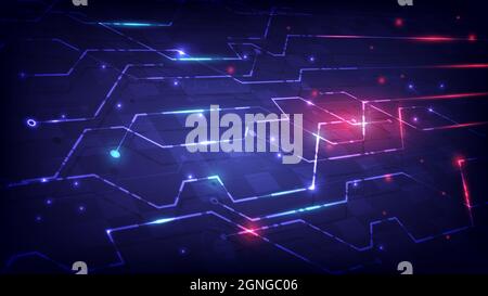 Tecnologia futuristica della realtà virtuale e circuito stampato. Background astratto hi-tech. Interfaccia Sci-Fi futuristica. Infografica informatica digitale di eng Illustrazione Vettoriale