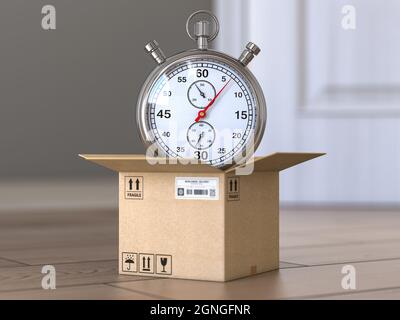 Concetto di consegna espressa. Cronometro e scatola di cartone sul pavimento davanti alla porta aperta. illustrazione 3d Foto Stock