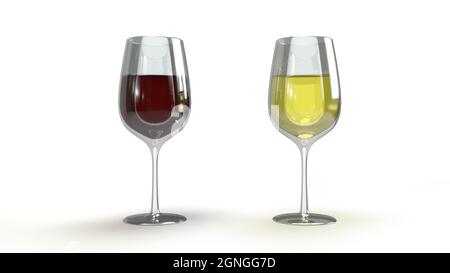 Due calici di vino rosso e bianco isolati su sfondo bianco, rendering 3D Foto Stock